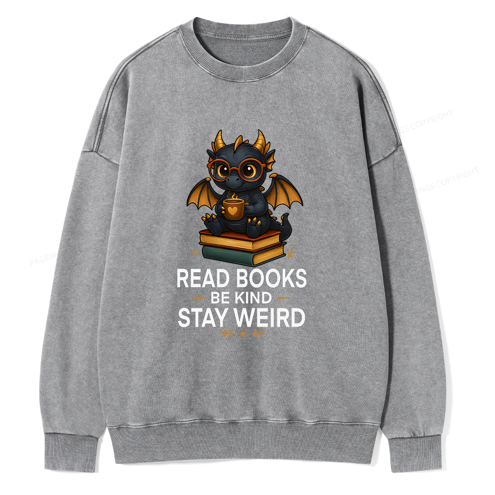 Pagewings Funny Dragon Read Books Be Kind Stay Weird Unisex Washed Sweatshirt