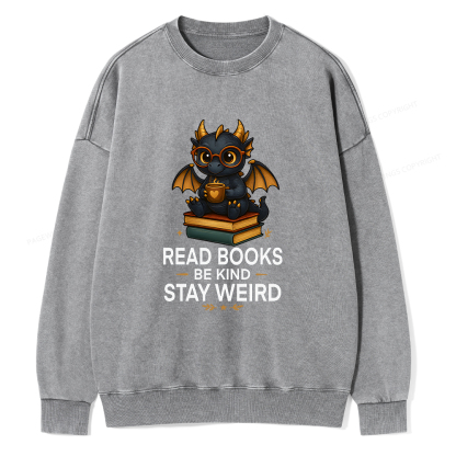 Pagewings Funny Dragon Read Books Be Kind Stay Weird Unisex Washed Sweatshirt