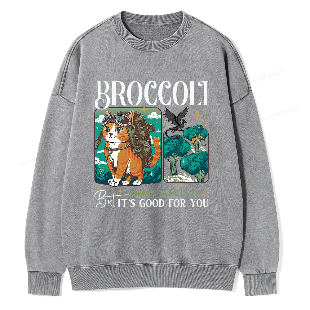 Pagewings Onyx Storm Broccoli Cat Unisex Washed Sweatshirt
