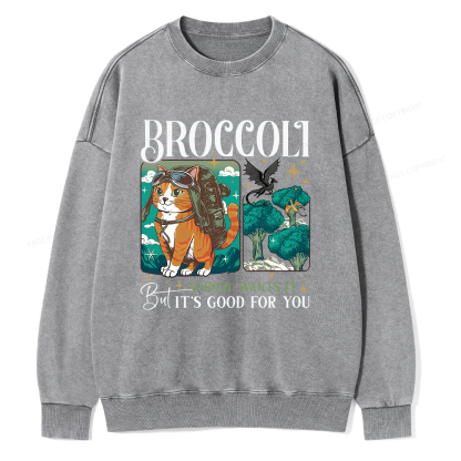 Pagewings Onyx Storm Broccoli Cat Unisex Washed Sweatshirt