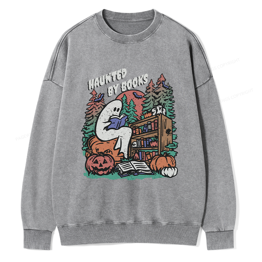Pagewings Ghost Reading Book Halloween Unisex Washed Sweatshirt