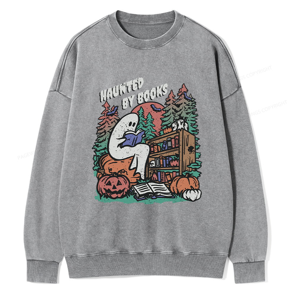 Pagewings Ghost Reading Book Halloween Unisex Washed Sweatshirt