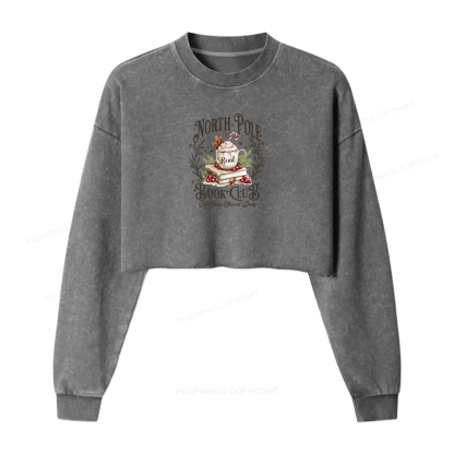 Pagewings Funny North Pole Book Club Women Washed Crop Sweatshirt