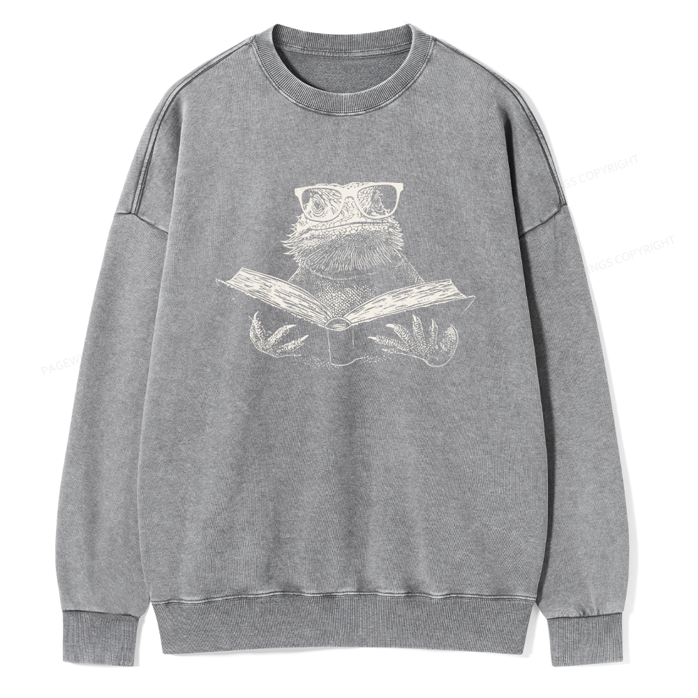 Pagewings Bearded Dragon Reading Unisex Washed Sweatshirt