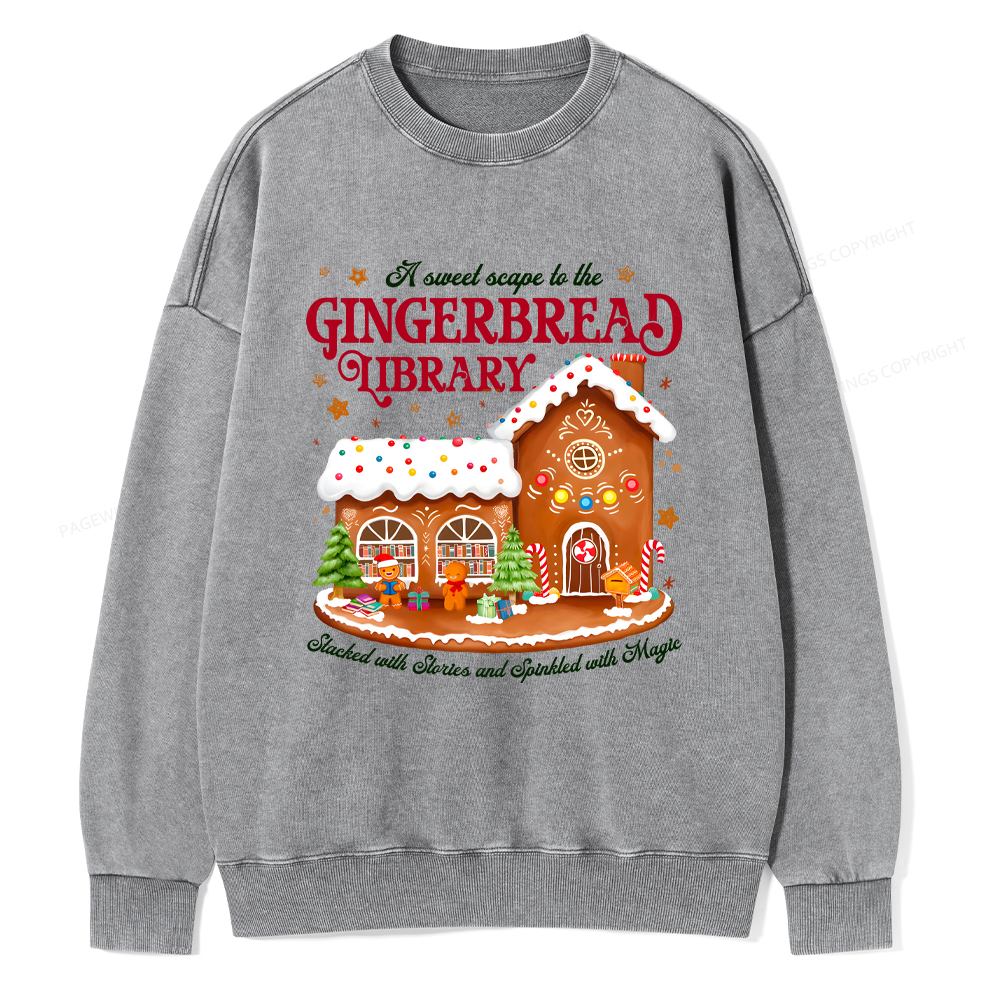 Pagewings Gingerbread Library Christmas Unisex Washed Sweatshirt