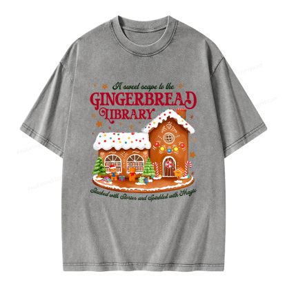 Pagewings Gingerbread Library Christmas Unisex Washed T-shirt