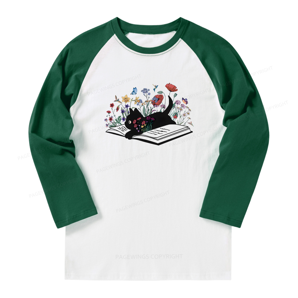 Pagewings Cute Book Cat Long Sleeve Raglan T-shirt