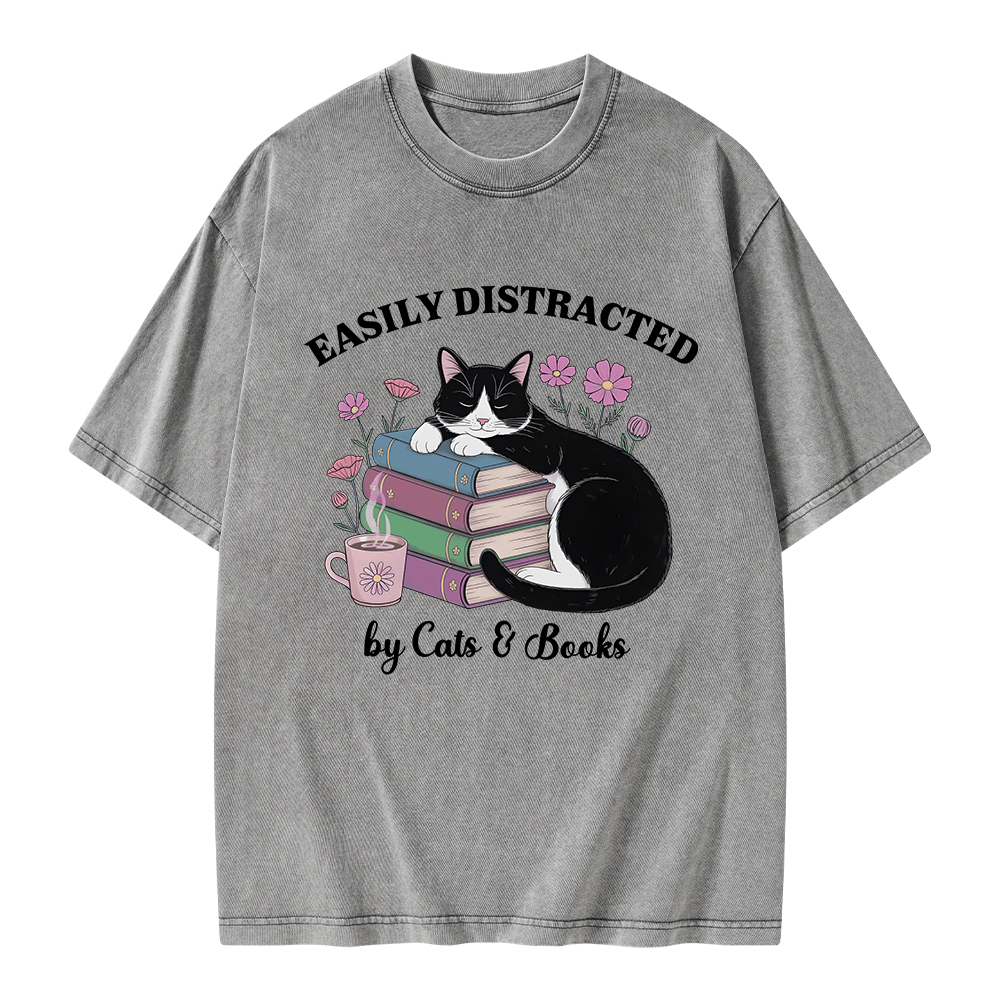 Pagewings Easily Distracted By Cats & Books Unisex Washed T-shirt