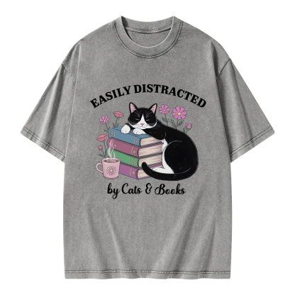 Pagewings Easily Distracted By Cats & Books Unisex Washed T-shirt