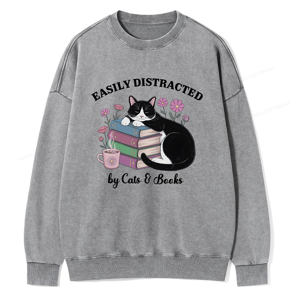 Pagewings Easily Distracted By Cats & Books Unisex Washed Sweatshirt