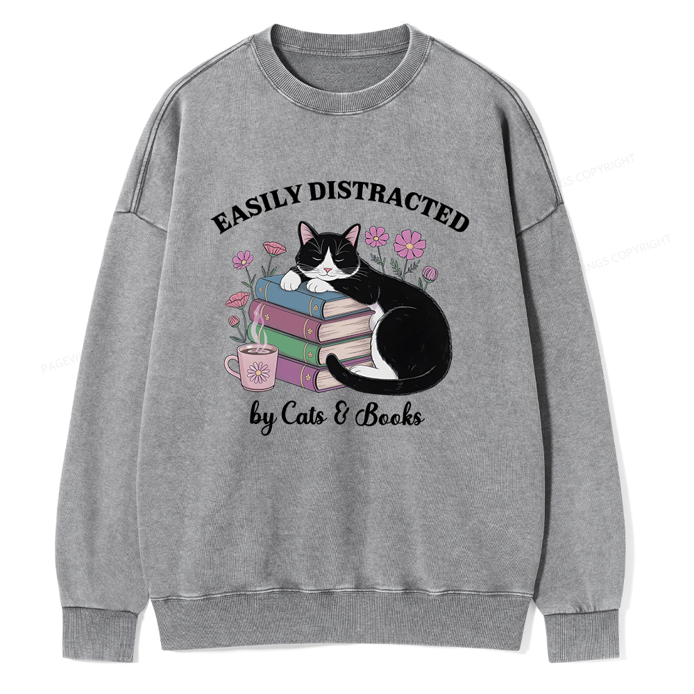 Pagewings Easily Distracted By Cats & Books Unisex Washed Sweatshirt