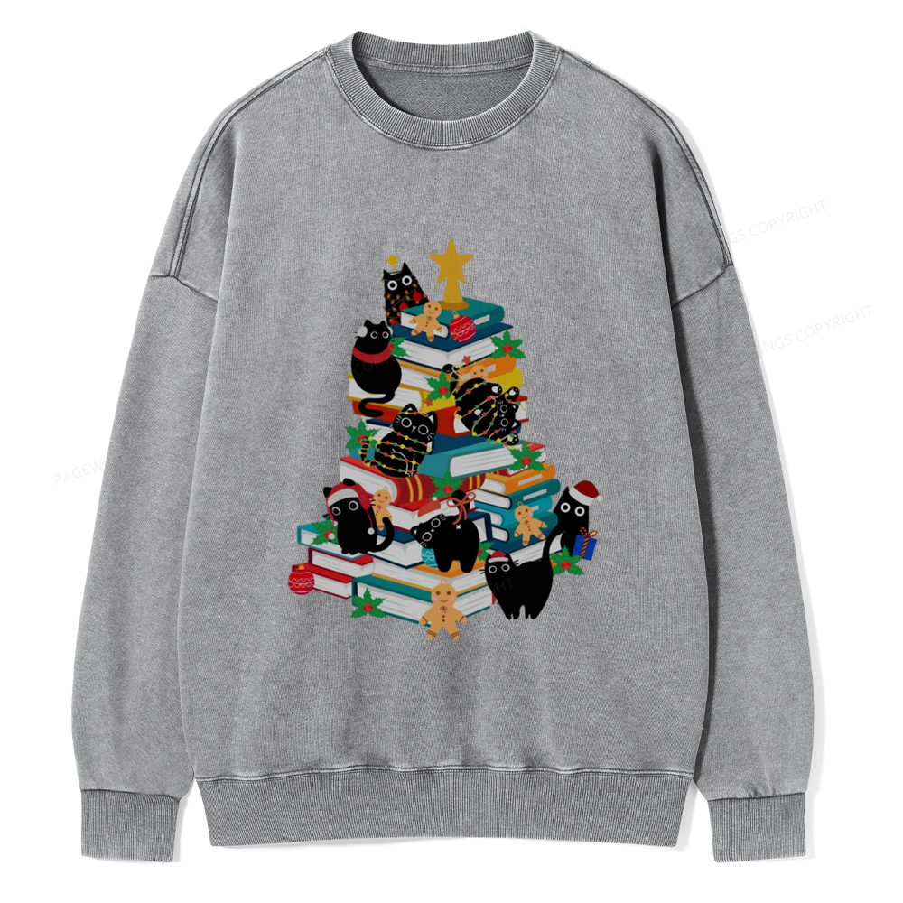 Pagewings Cute Cats Books Christmas Tree Unisex Washed Sweatshirt