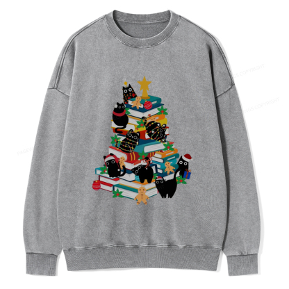 Pagewings Cute Cats Books Christmas Tree Unisex Washed Sweatshirt