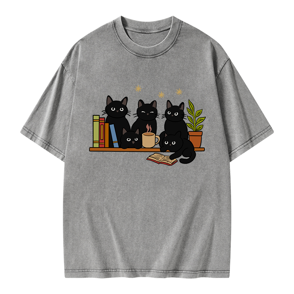 Pagewings Cat On Bookshelf Unisex Washed T-shirt
