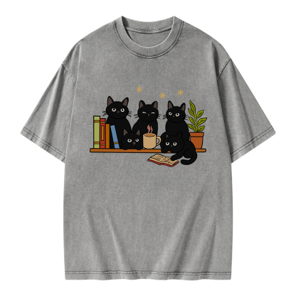 Pagewings Cat On Bookshelf Unisex Washed T-shirt