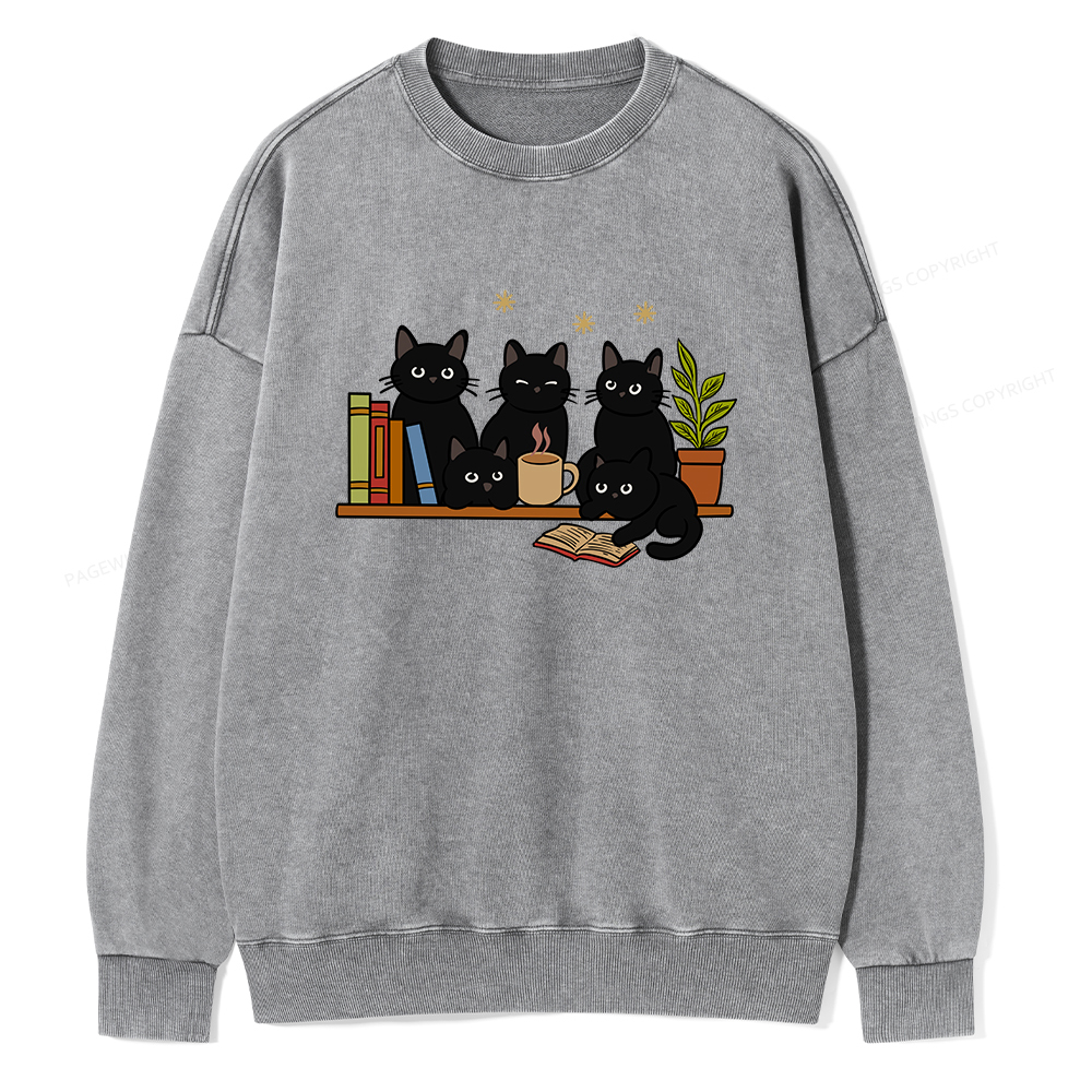 Pagewings Cat On Bookshelf Unisex Washed Sweatshirt