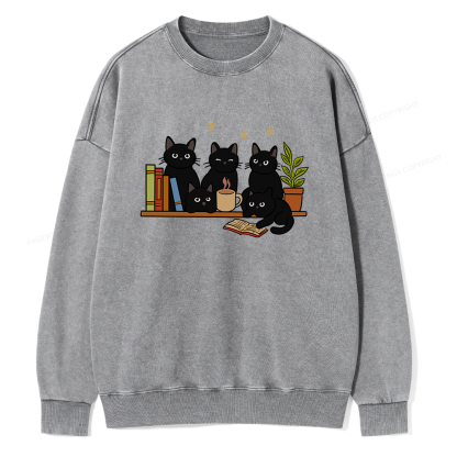 Pagewings Cat On Bookshelf Unisex Washed Sweatshirt