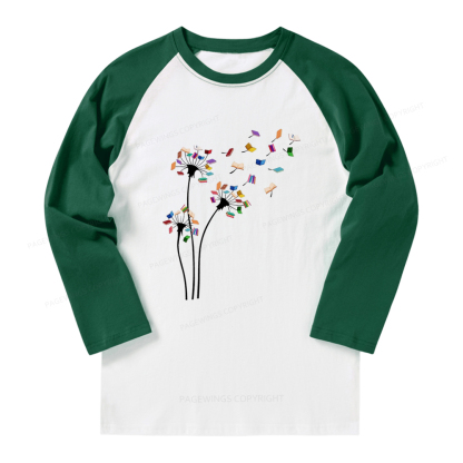 Pagewings Cute Dandelion Books Flower Fly Long Sleeve Raglan T-shirt