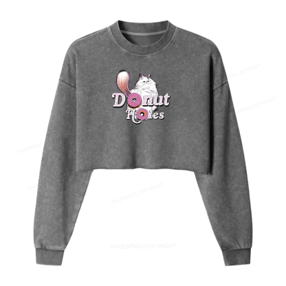 Pagewings Donut Cat Bookish Women Washed Crop Sweatshirt