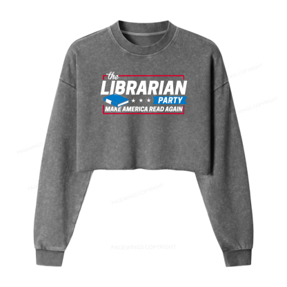 Pagewings The Librarian Party Women Washed Crop Sweatshirt