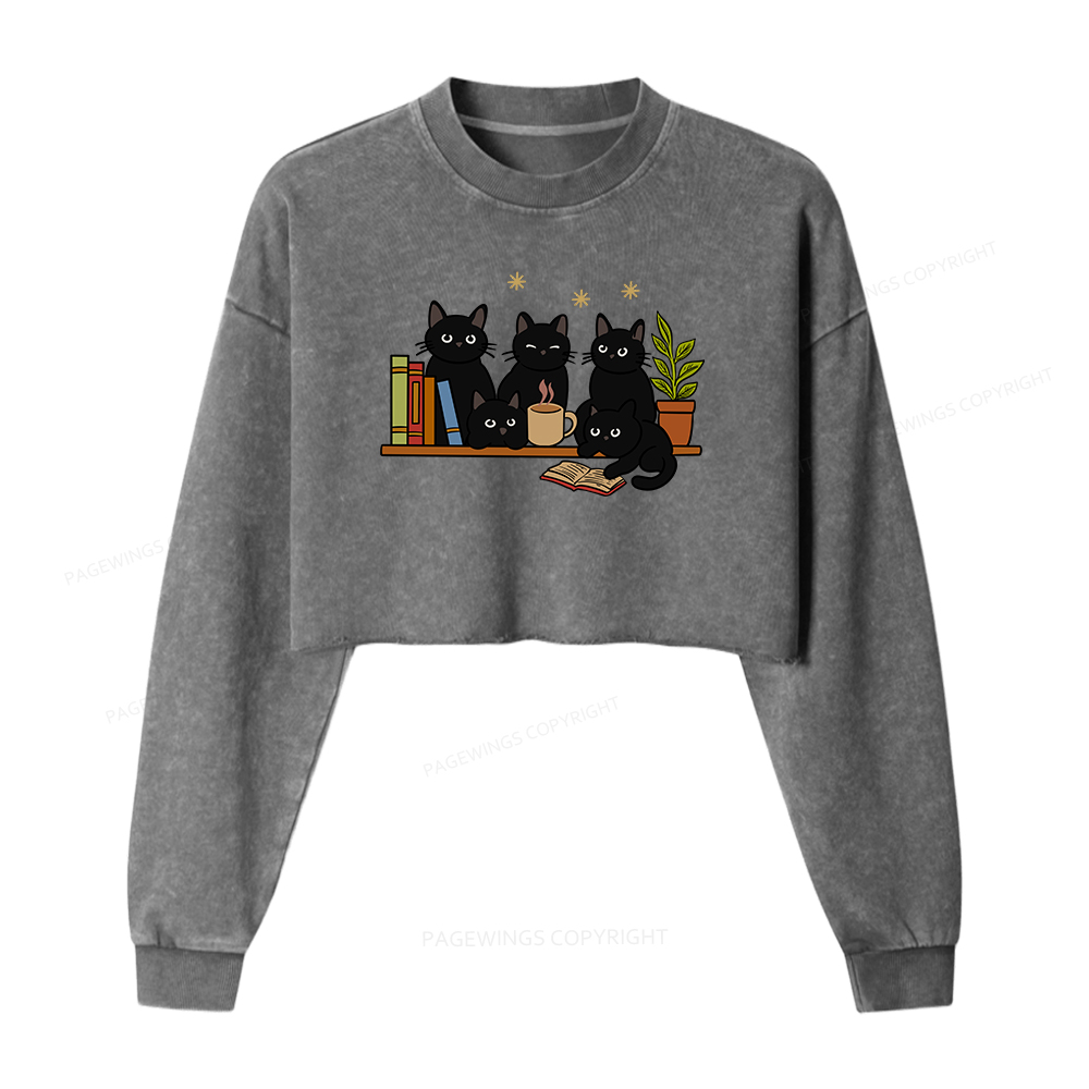 Pagewings Cat On Bookshelf Women Washed Crop Sweatshirt