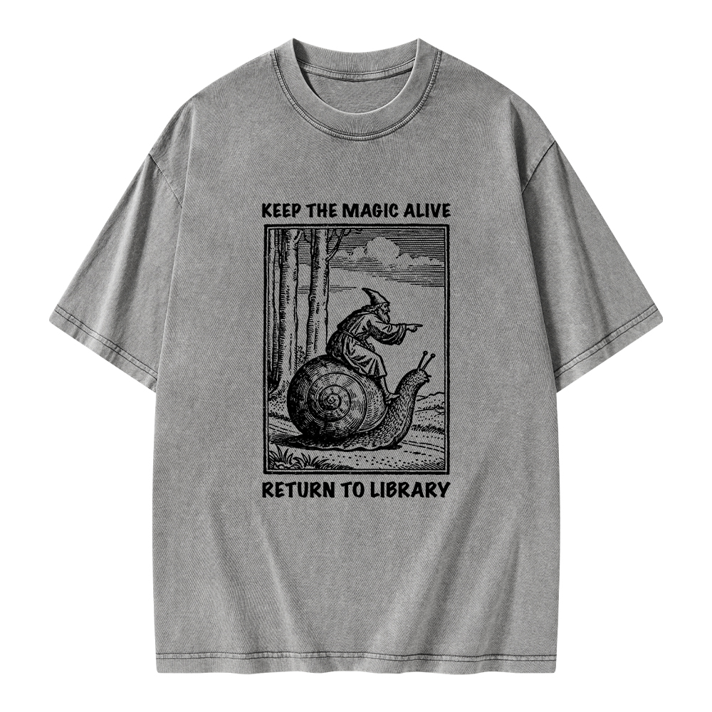 Pagewings Keep the Magic Alive  Return to Library Unisex Washed T-shirt