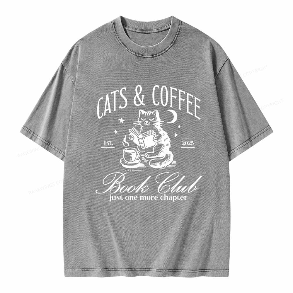 Pagewings Cats and Coffee Bookclub Unisex Washed T-shirt