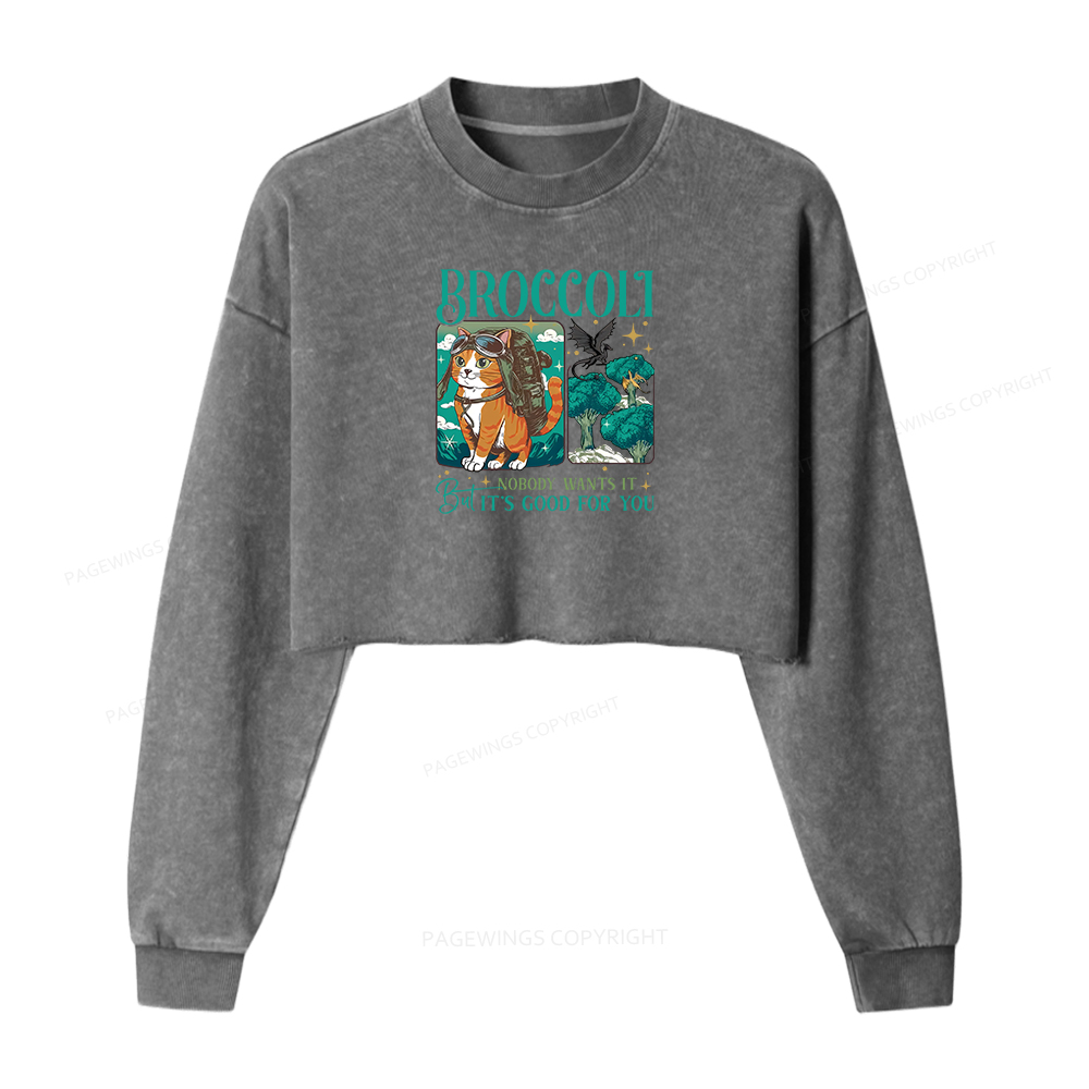 Pagewings Onyx Storm Broccoli Cat Women Washed Crop Sweatshirt