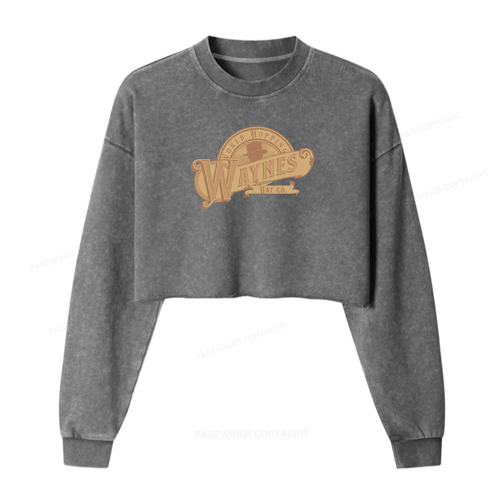 Pagewings World Hopping Waynes Hat Co Women Washed Crop Sweatshirt