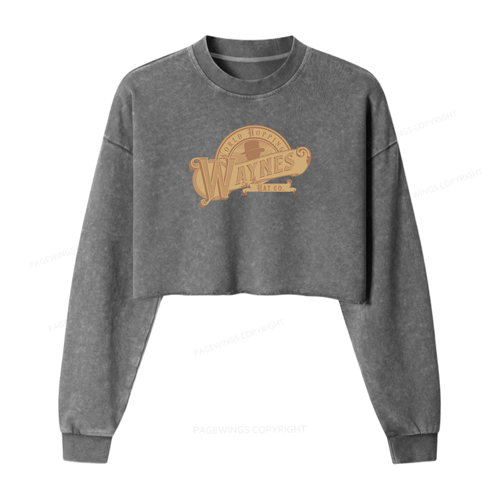 Pagewings World Hopping Waynes Hat Co Women Washed Crop Sweatshirt