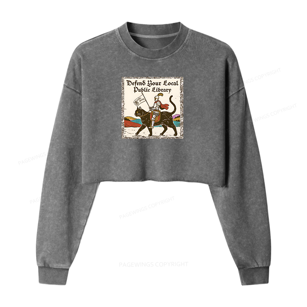 Pagewings Defend Your Local Public Library Women Washed Crop Sweatshirt
