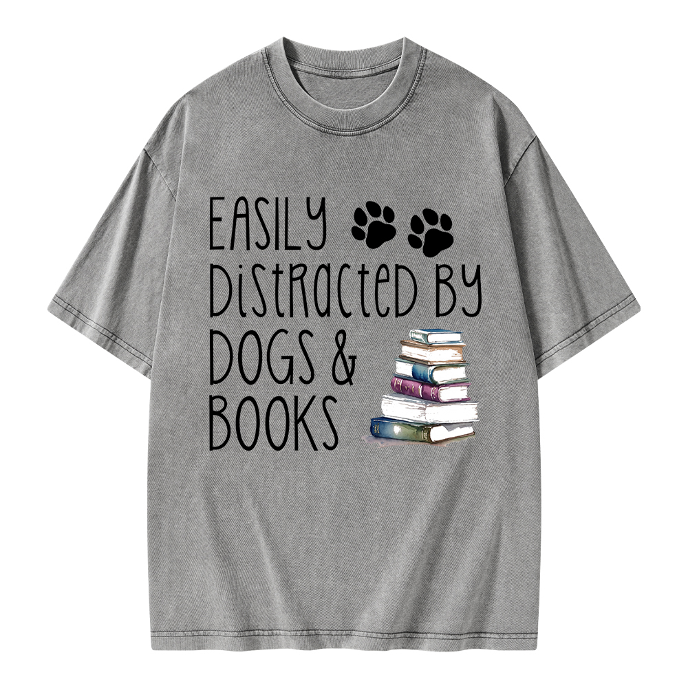 Pagewings Easily Distracted By Dogs And Books Unisex Washed T-shirt