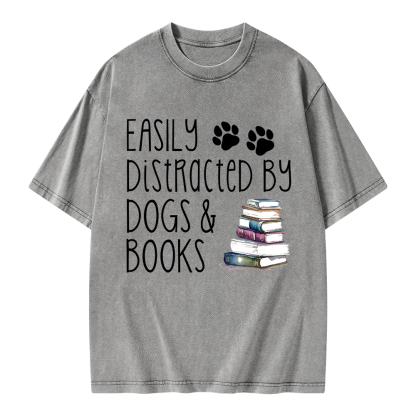 Pagewings Easily Distracted By Dogs And Books Unisex Washed T-shirt