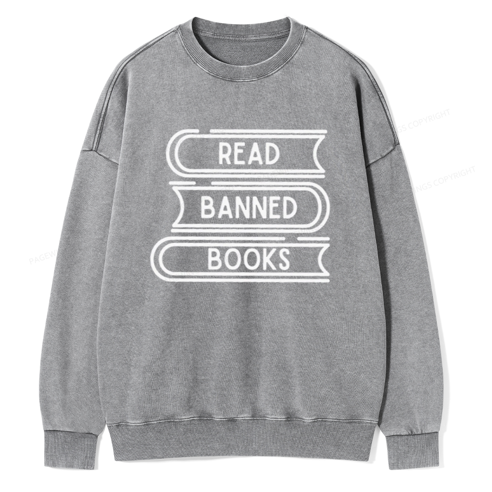 Pagewings Read Banned Books Stack Unisex Tee Unisex Washed Sweatshirt