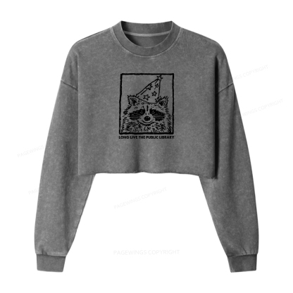 Pagewings Long Live The Public Library Women Washed Crop Sweatshirt