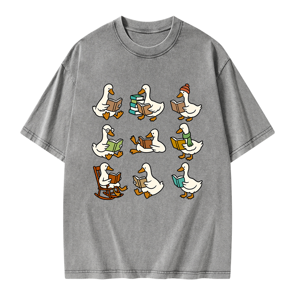 Pagewings Cute Goose Reading Unisex Washed T-shirt