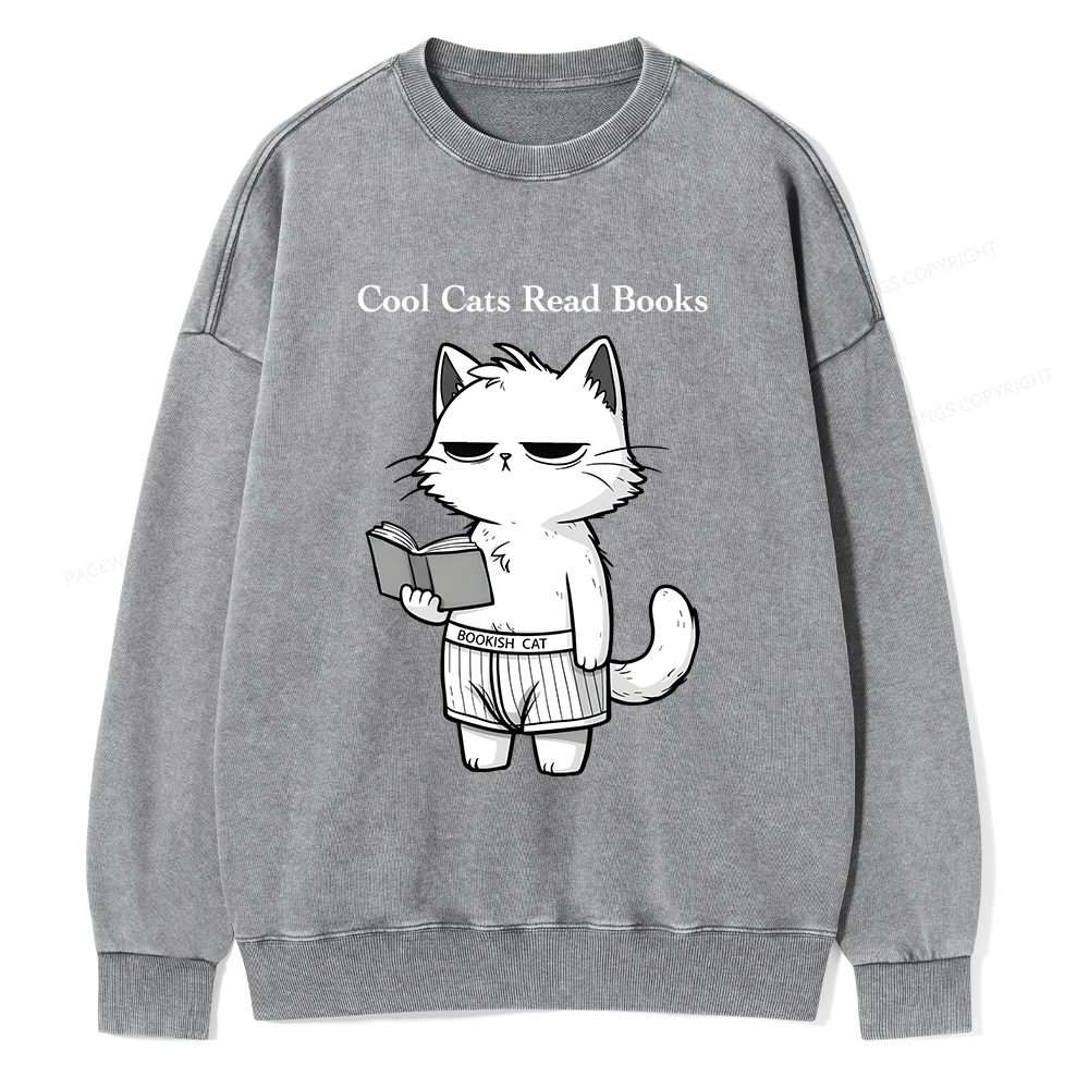 Pagewings Cool Cats Read Books Unisex Washed Sweatshirt