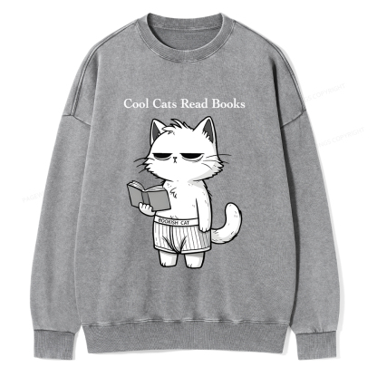 Pagewings Cool Cats Read Books Unisex Washed Sweatshirt