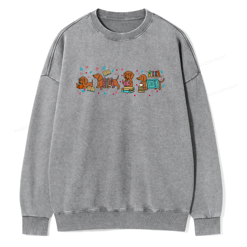 Pagewings Dachshund Book Lover Unisex Washed Sweatshirt