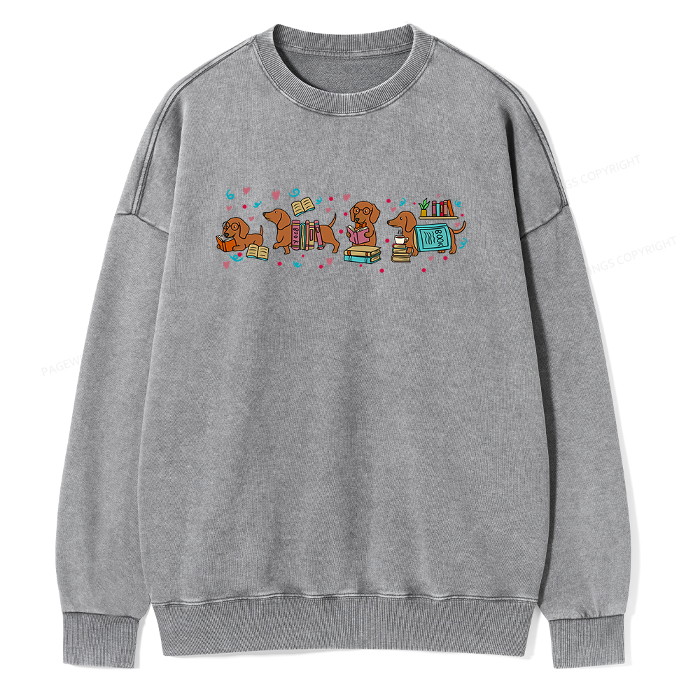 Pagewings Dachshund Book Lover Unisex Washed Sweatshirt