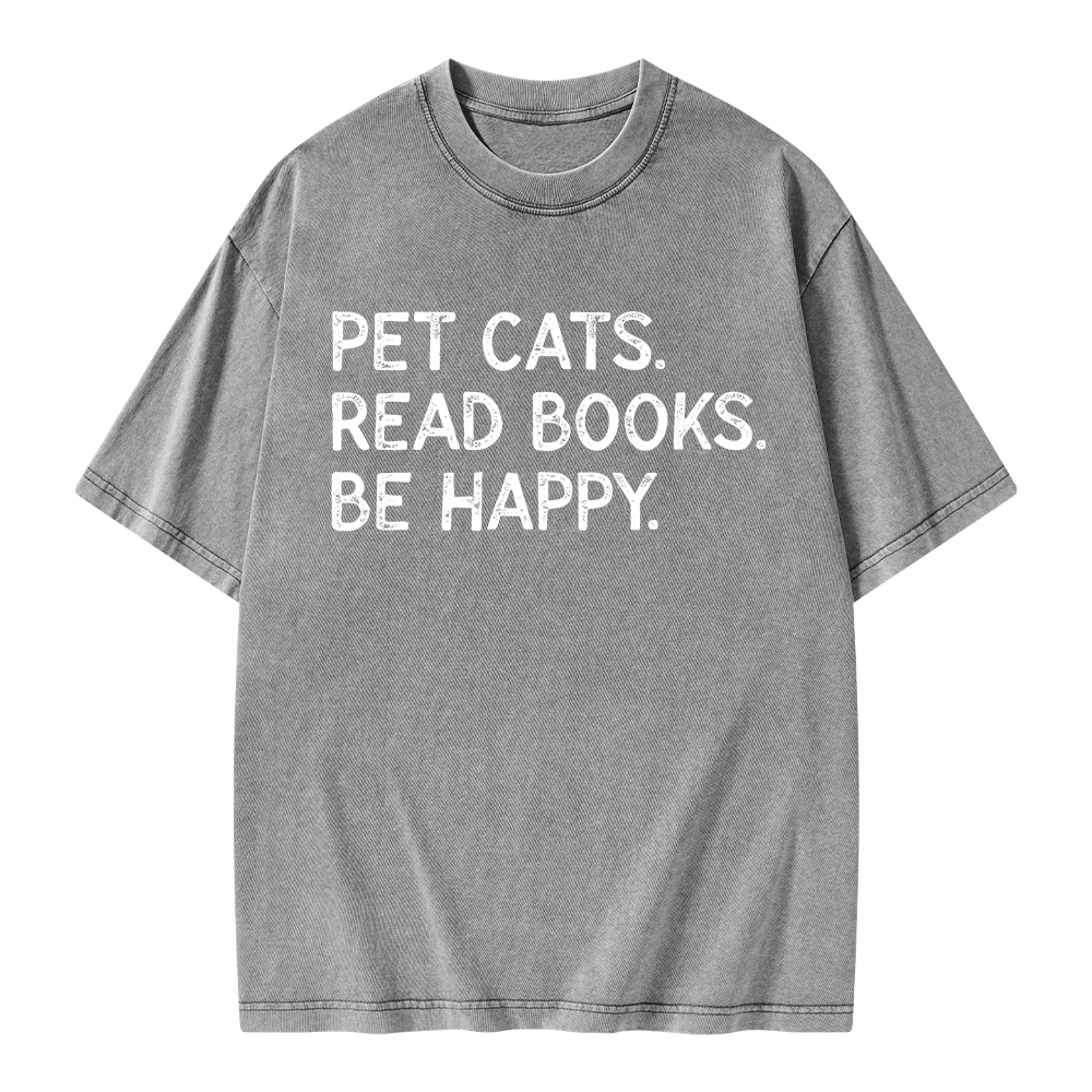 Pagewings Pet Cats Read Books Be Happy Unisex Washed T-shirt