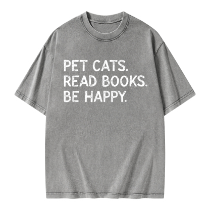 Pagewings Pet Cats Read Books Be Happy Unisex Washed T-shirt