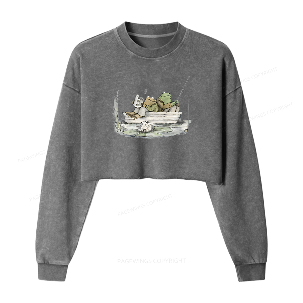Pagewings Frog Reading Washed Crop Sweatshirt