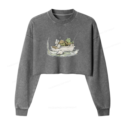 Pagewings Frog Reading Washed Crop Sweatshirt