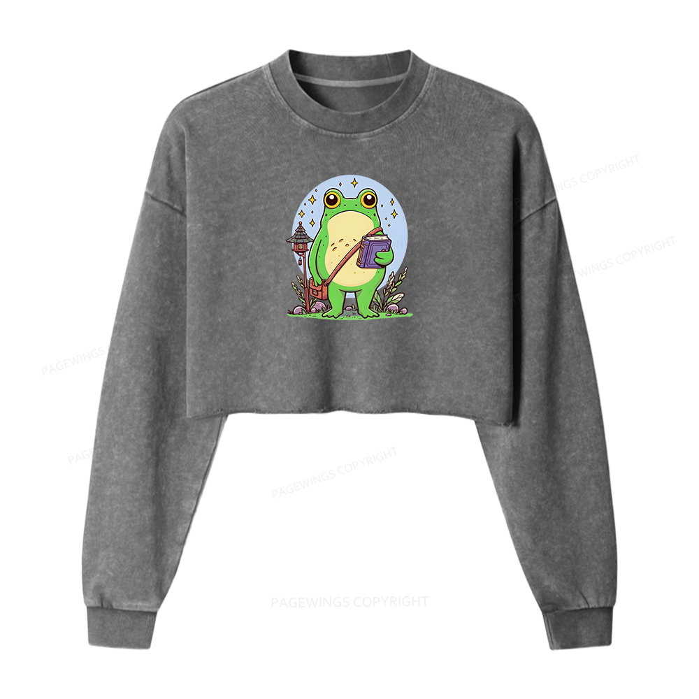 Pagewings Frog Reading Book Washed Crop Sweatshirt