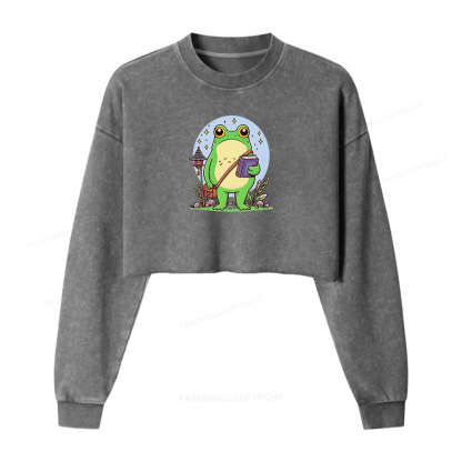 Pagewings Frog Reading Book Washed Crop Sweatshirt