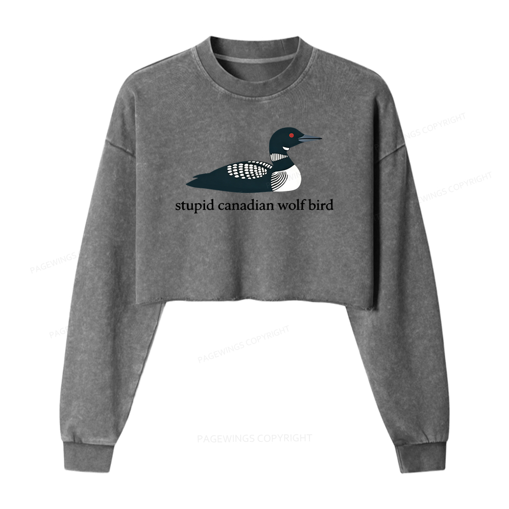 Pagewings Stupid Canadian Wolf Bird Washed Crop Sweatshirt