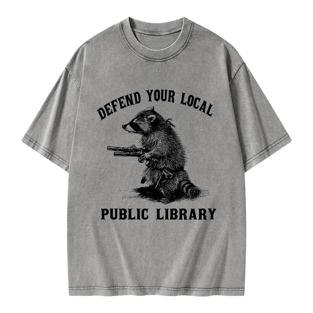 Pagewings Raccoon Defend Your Local Public Library Unisex Washed T-shirt