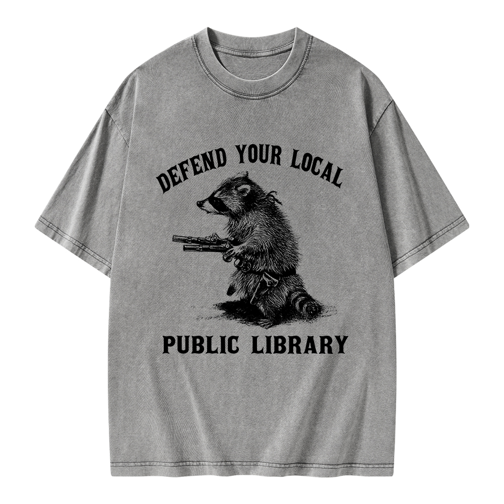 Pagewings Raccoon Defend Your Local Public Library Unisex Washed T-shirt