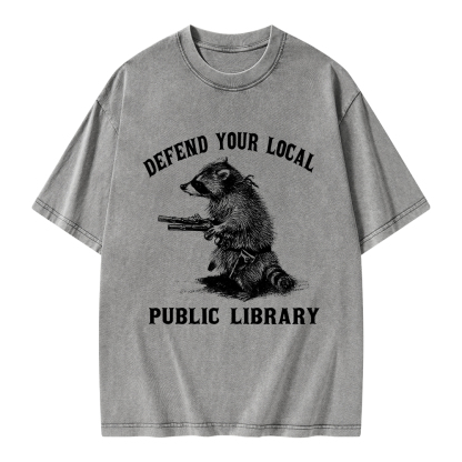 Pagewings Raccoon Defend Your Local Public Library Unisex Washed T-shirt